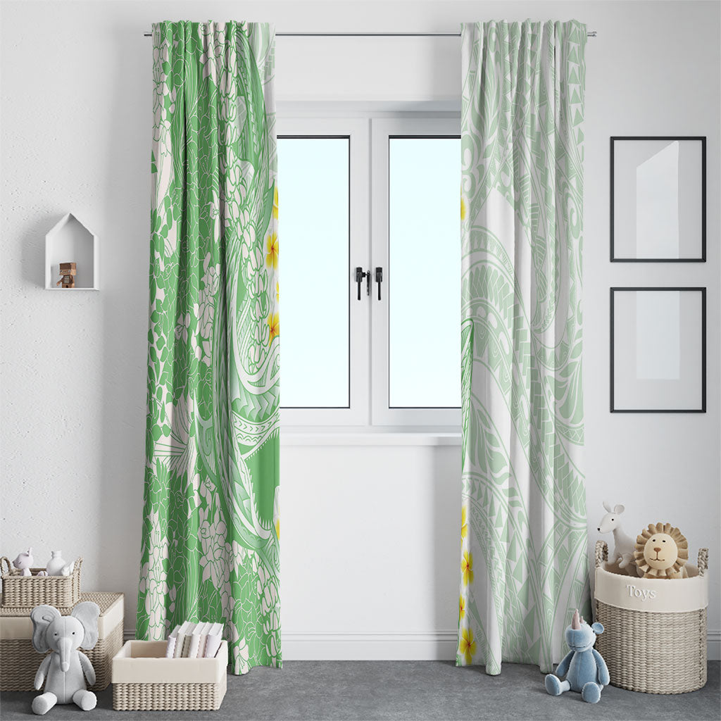 Green Hawaii Shark Tattoo Window Curtain Puakenikeni Lei Plumeria Polynesian Pattern