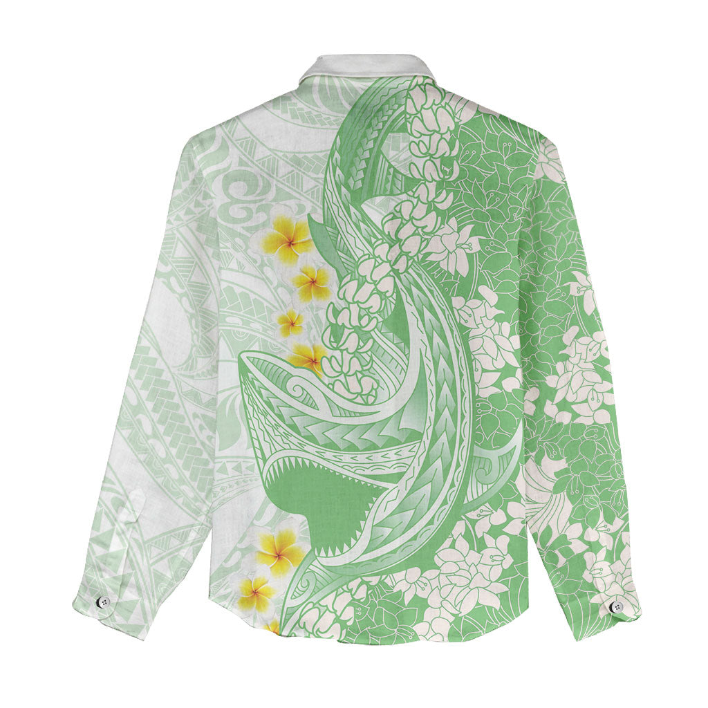Green Hawaii Shark Tattoo Women Casual Shirt Puakenikeni Lei Plumeria Polynesian Pattern