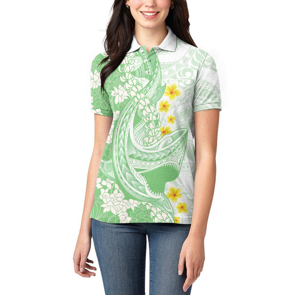 Green Hawaii Shark Tattoo Women Polo Shirt Puakenikeni Lei Plumeria Polynesian Pattern