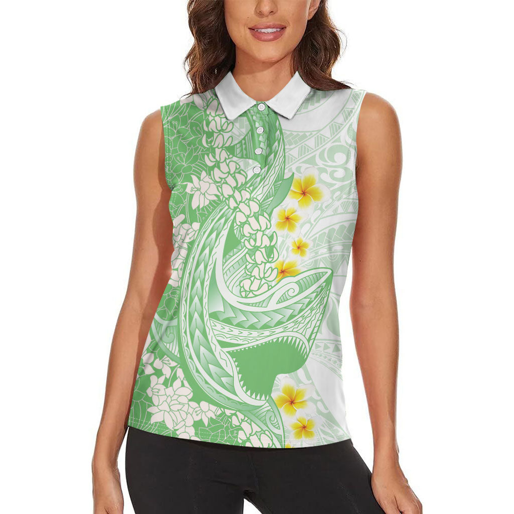 Green Hawaii Shark Tattoo Women Sleeveless Polo Shirt Puakenikeni Lei Plumeria Polynesian Pattern