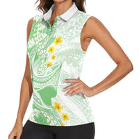 Green Hawaii Shark Tattoo Women Sleeveless Polo Shirt Puakenikeni Lei Plumeria Polynesian Pattern