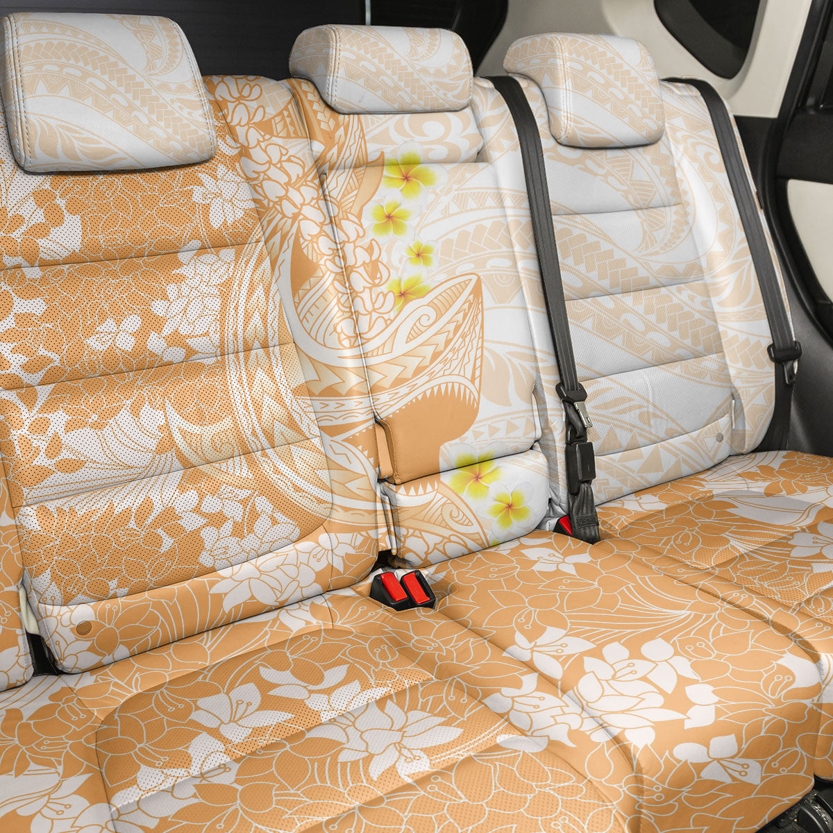 Orange Hawaii Shark Tattoo Back Car Seat Cover Puakenikeni Lei Plumeria Polynesian Pattern