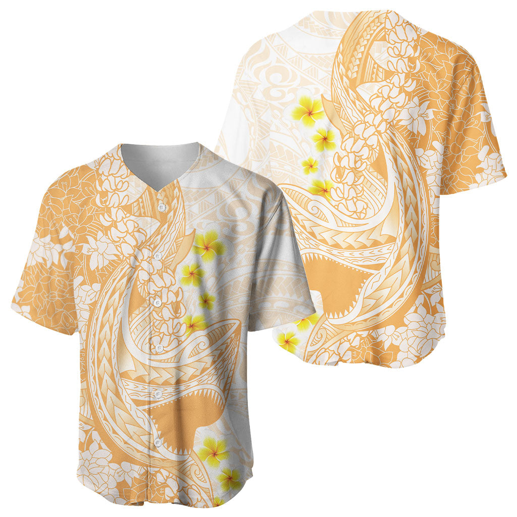 Orange Hawaii Shark Tattoo Baseball Jersey Puakenikeni Lei Plumeria Polynesian Pattern