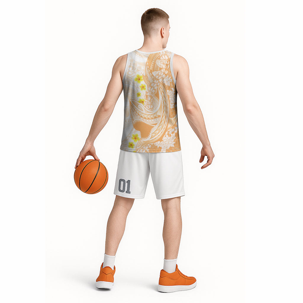 Orange Hawaii Shark Tattoo Basketball Jersey Puakenikeni Lei Plumeria Polynesian Pattern