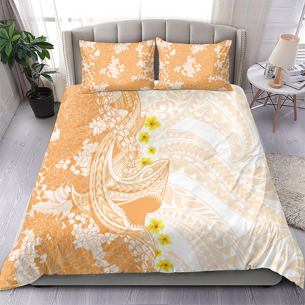 Orange Hawaii Shark Tattoo Bedding Set Puakenikeni Lei Plumeria Polynesian Pattern