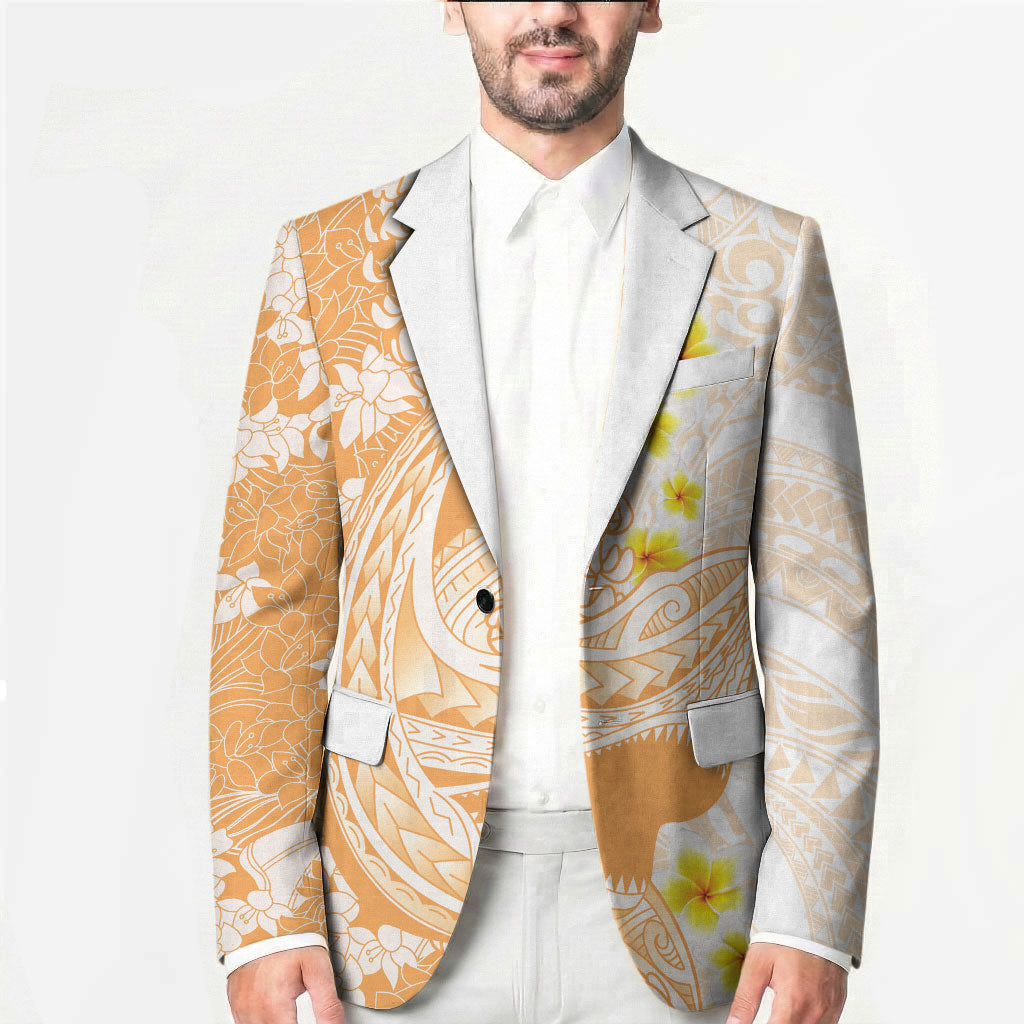 Orange Hawaii Shark Tattoo Blazer Puakenikeni Lei Plumeria Polynesian Pattern