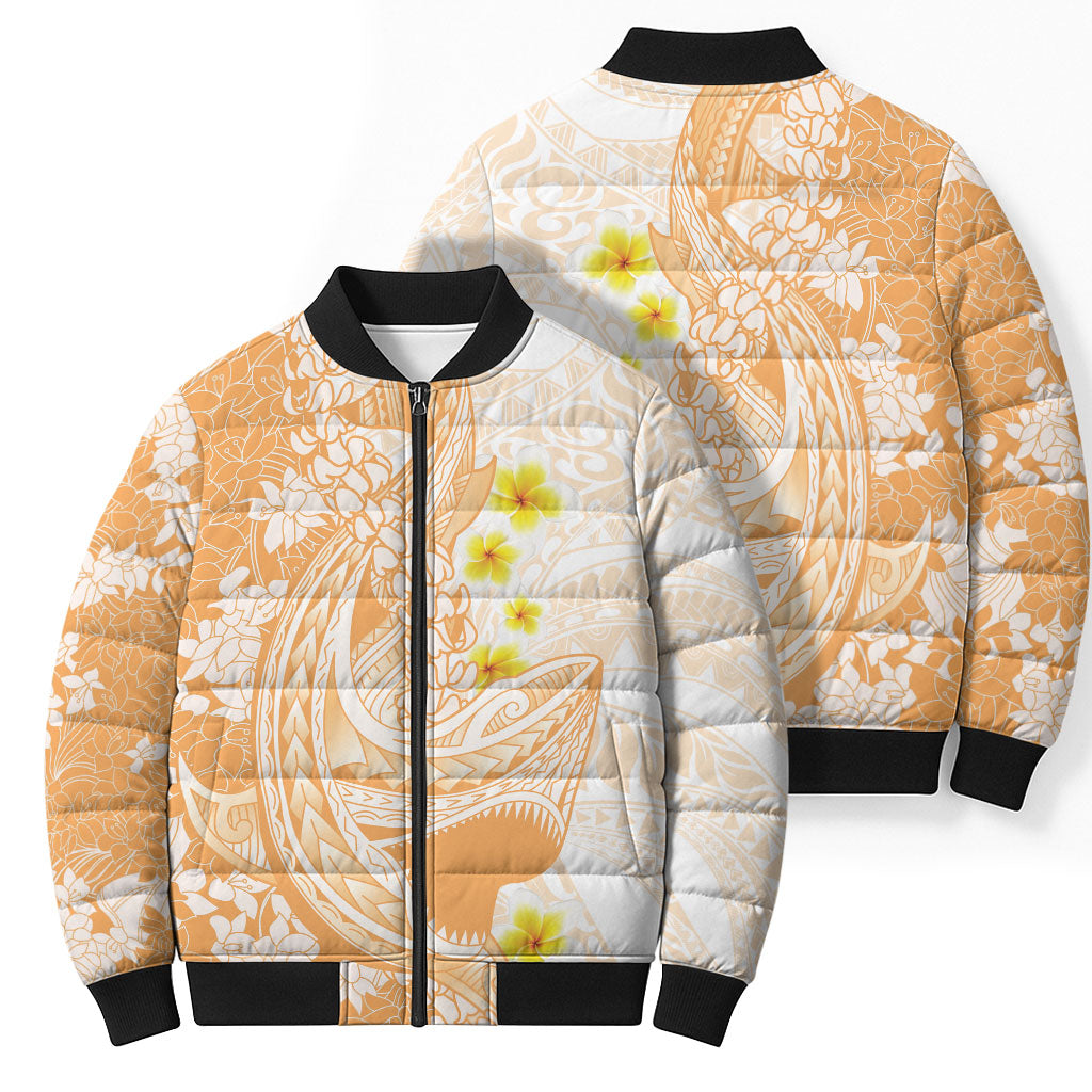 Orange Hawaii Shark Tattoo Bomber Puffer Jacket Puakenikeni Lei Plumeria Polynesian Pattern