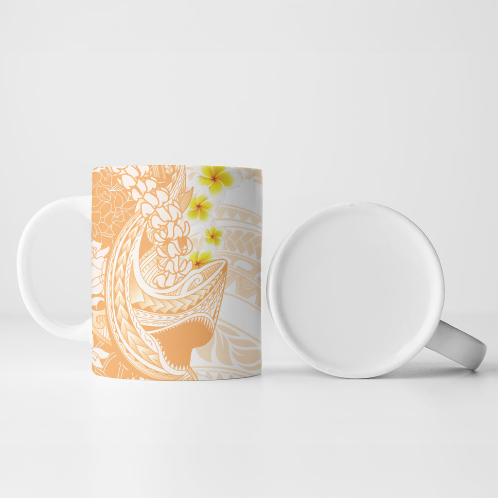 Orange Hawaii Shark Tattoo Ceramic Mug Puakenikeni Lei Plumeria Polynesian Pattern