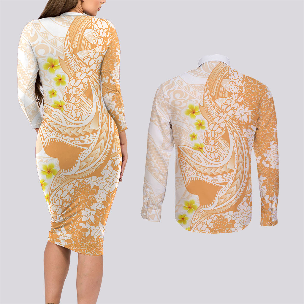 Orange Hawaii Shark Tattoo Couples Matching Long Sleeve Bodycon Dress and Long Sleeve Button Shirt Puakenikeni Lei Plumeria Polynesian Pattern
