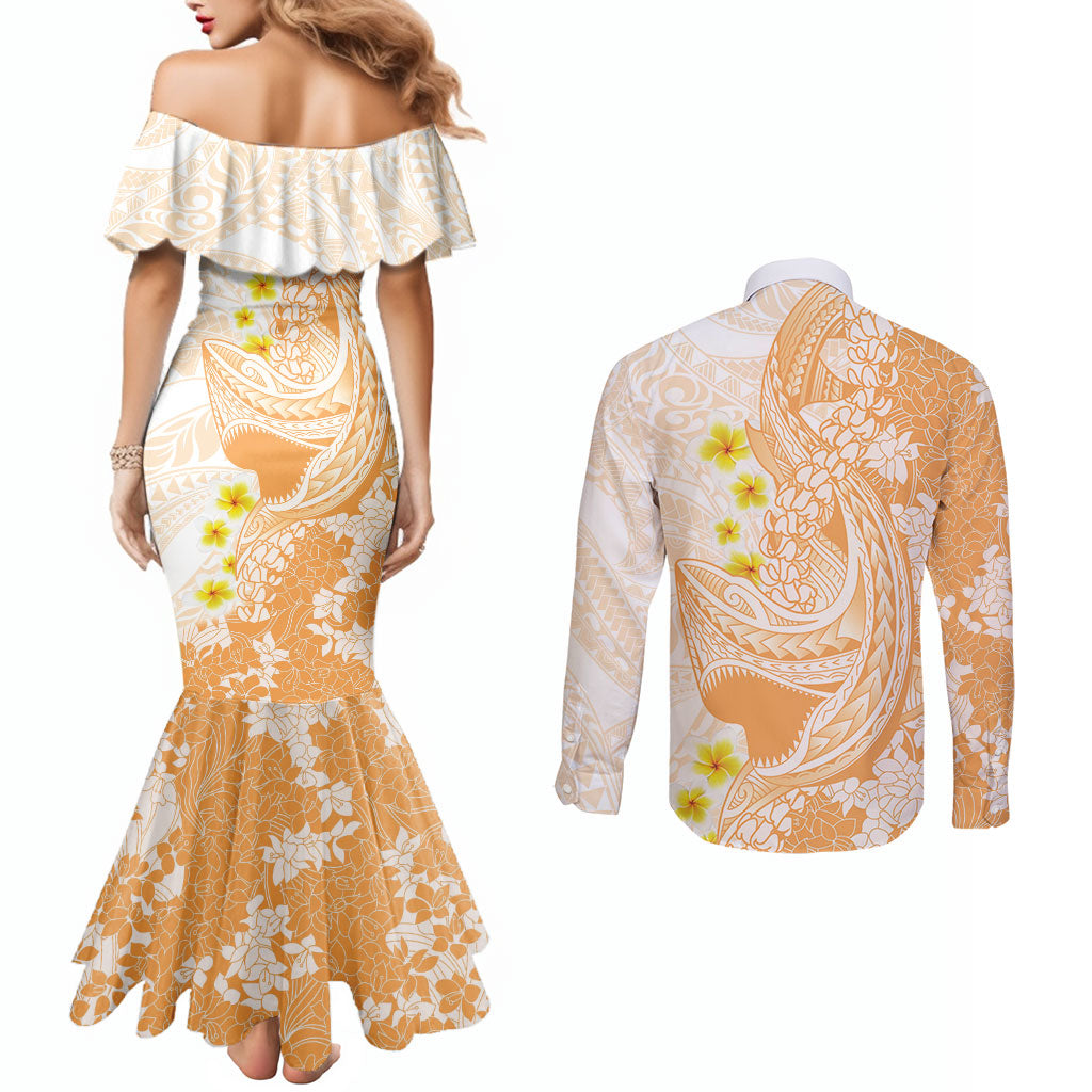 Orange Hawaii Shark Tattoo Couples Matching Mermaid Dress and Long Sleeve Button Shirt Puakenikeni Lei Plumeria Polynesian Pattern