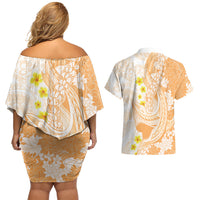 Orange Hawaii Shark Tattoo Couples Matching Off Shoulder Short Dress and Hawaiian Shirt Puakenikeni Lei Plumeria Polynesian Pattern