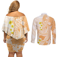 Orange Hawaii Shark Tattoo Couples Matching Off Shoulder Short Dress and Long Sleeve Button Shirt Puakenikeni Lei Plumeria Polynesian Pattern