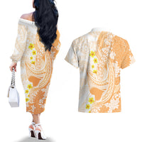 Orange Hawaii Shark Tattoo Couples Matching Off The Shoulder Long Sleeve Dress and Hawaiian Shirt Puakenikeni Lei Plumeria Polynesian Pattern LT14 - Polynesian Pride