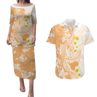 Orange Hawaii Shark Tattoo Couples Matching Puletasi and Hawaiian Shirt Puakenikeni Lei Plumeria Polynesian Pattern LT14 Orange - Polynesian Pride