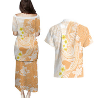 Orange Hawaii Shark Tattoo Couples Matching Puletasi and Hawaiian Shirt Puakenikeni Lei Plumeria Polynesian Pattern LT14 - Polynesian Pride