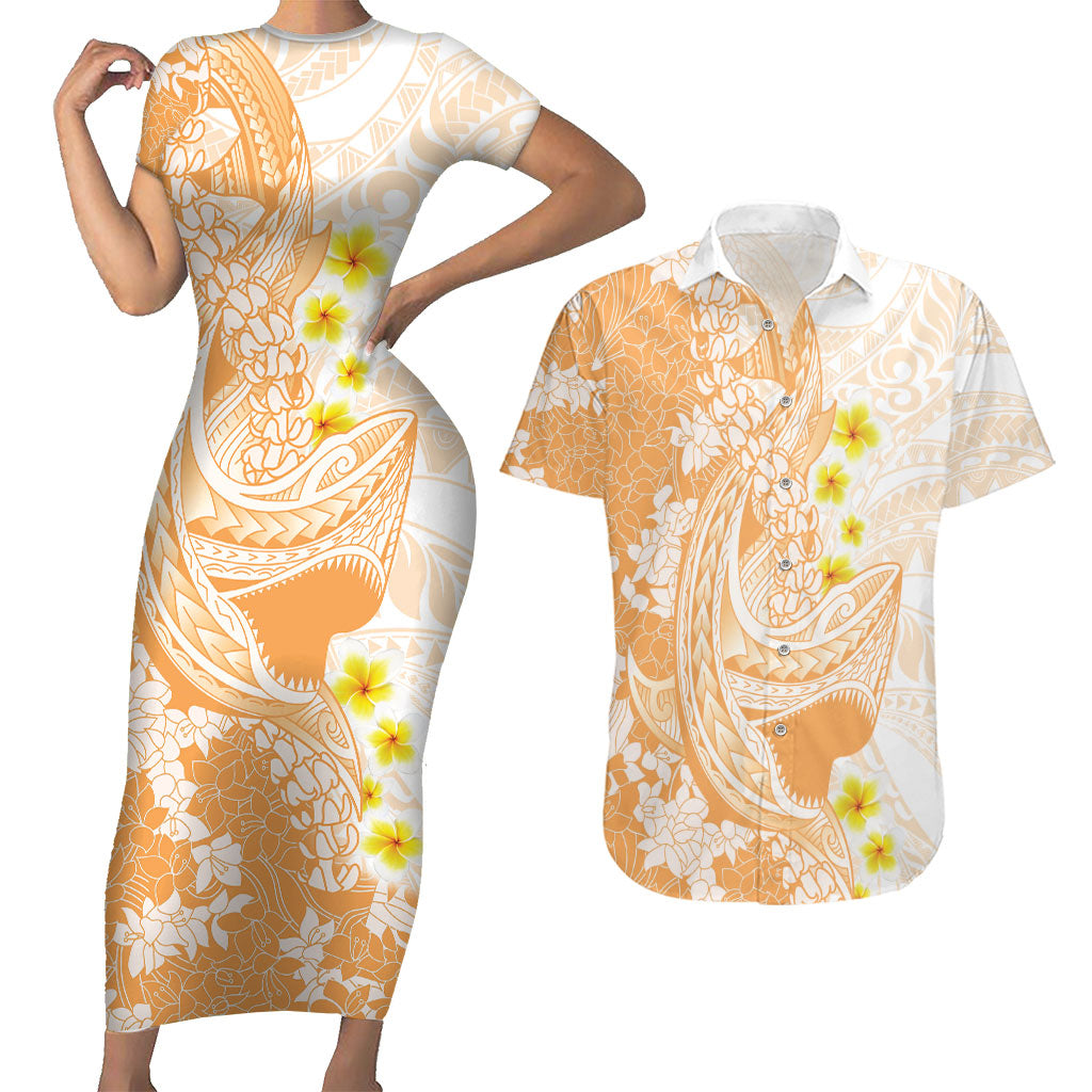 Orange Hawaii Shark Tattoo Couples Matching Short Sleeve Bodycon Dress and Hawaiian Shirt Puakenikeni Lei Plumeria Polynesian Pattern LT14 Orange - Polynesian Pride