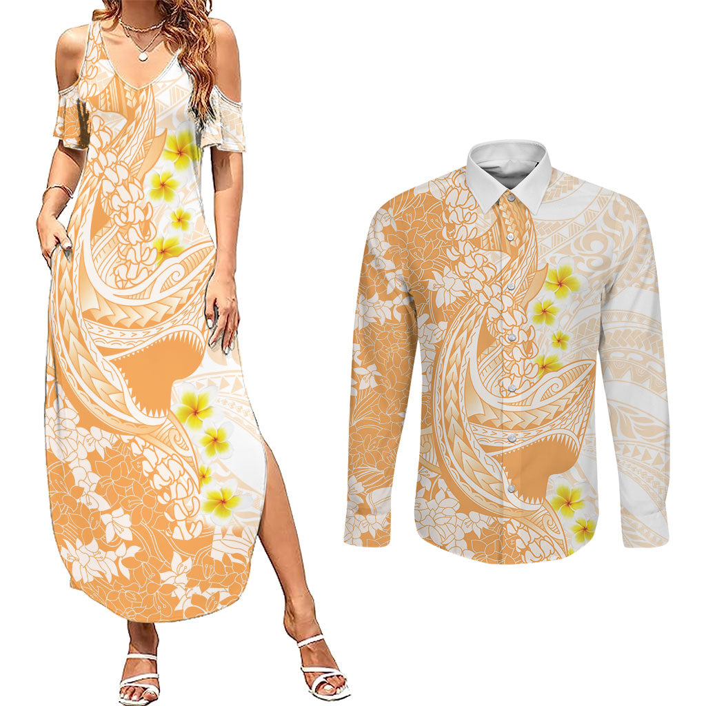 Orange Hawaii Shark Tattoo Couples Matching Summer Maxi Dress and Long Sleeve Button Shirt Puakenikeni Lei Plumeria Polynesian Pattern LT14 Orange - Polynesian Pride