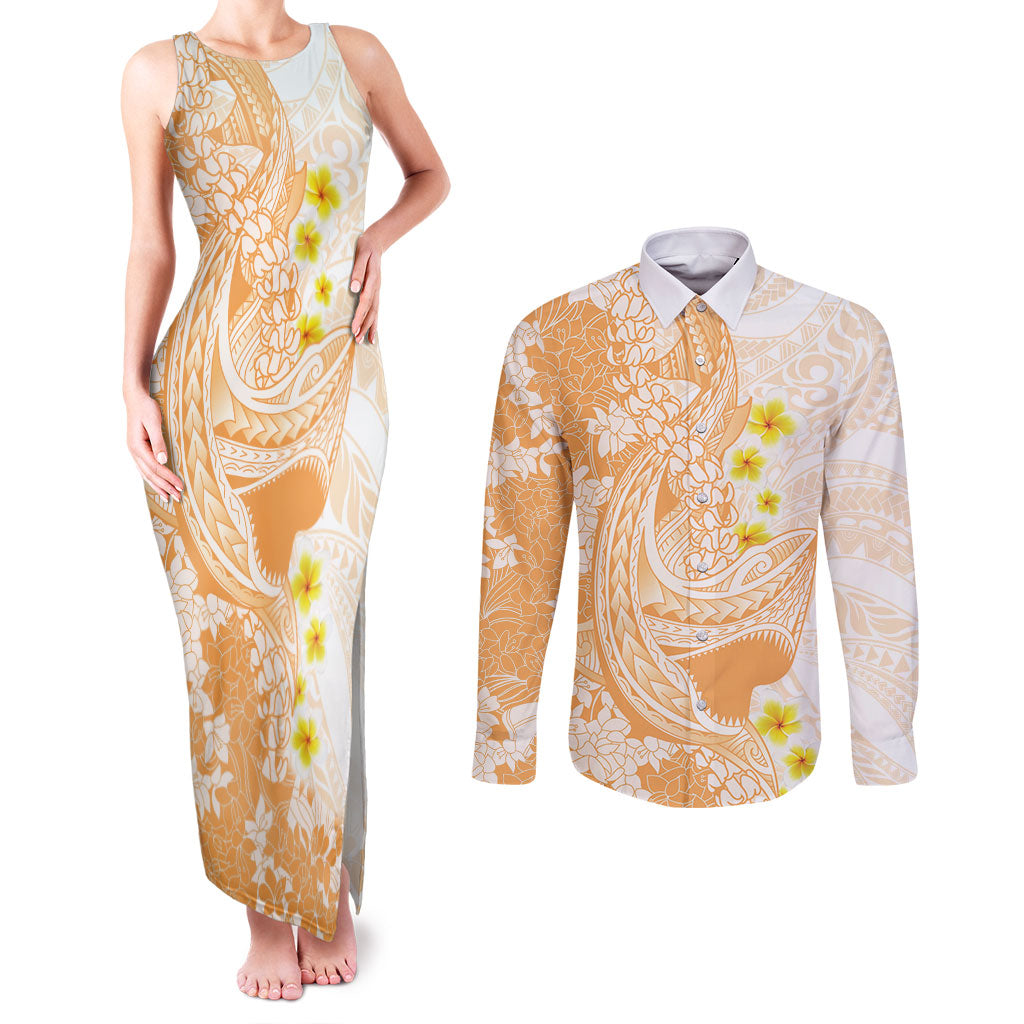 Orange Hawaii Shark Tattoo Couples Matching Tank Maxi Dress and Long Sleeve Button Shirt Puakenikeni Lei Plumeria Polynesian Pattern