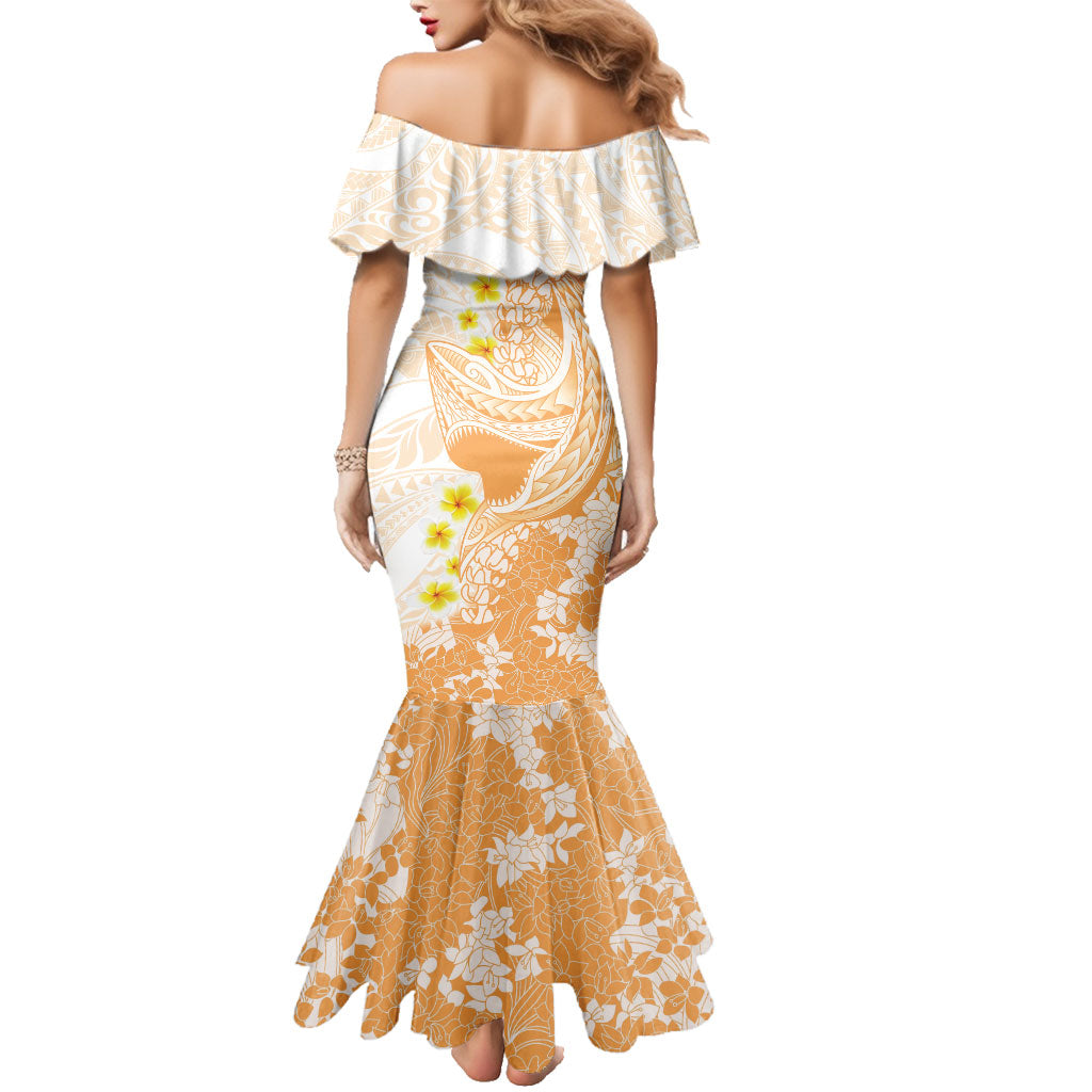 Orange Hawaii Shark Tattoo Family Matching Mermaid Dress and Hawaiian Shirt Puakenikeni Lei Plumeria Polynesian Pattern LT14 - Polynesian Pride