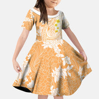 Orange Hawaii Shark Tattoo Family Matching Off The Shoulder Long Sleeve Dress and Hawaiian Shirt Puakenikeni Lei Plumeria Polynesian Pattern LT14 Daughter's Dress Orange - Polynesian Pride