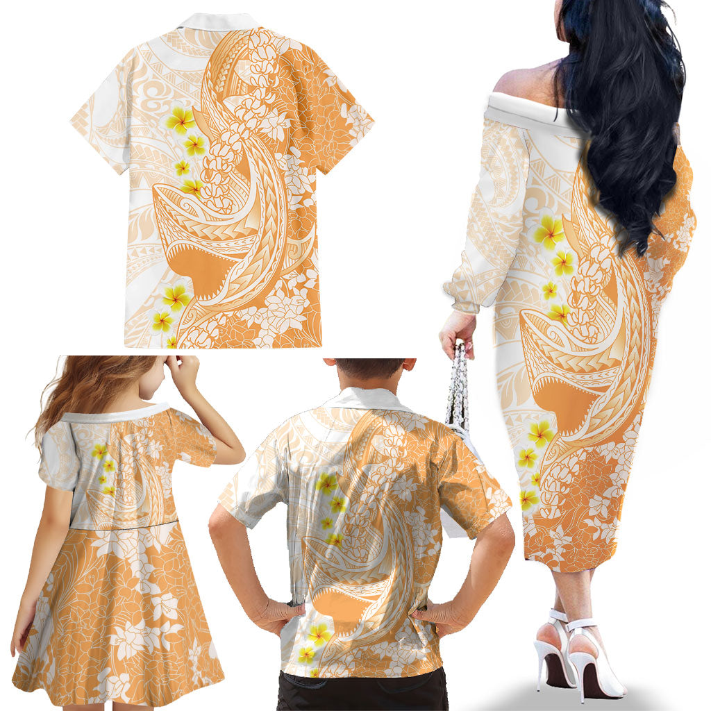 Orange Hawaii Shark Tattoo Family Matching Off The Shoulder Long Sleeve Dress and Hawaiian Shirt Puakenikeni Lei Plumeria Polynesian Pattern LT14 - Polynesian Pride