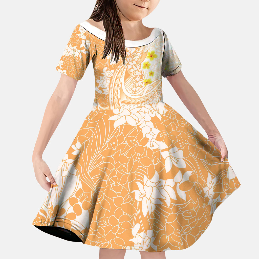 Orange Hawaii Shark Tattoo Family Matching Off Shoulder Short Dress and Hawaiian Shirt Puakenikeni Lei Plumeria Polynesian Pattern LT14 Daughter's Dress Orange - Polynesian Pride