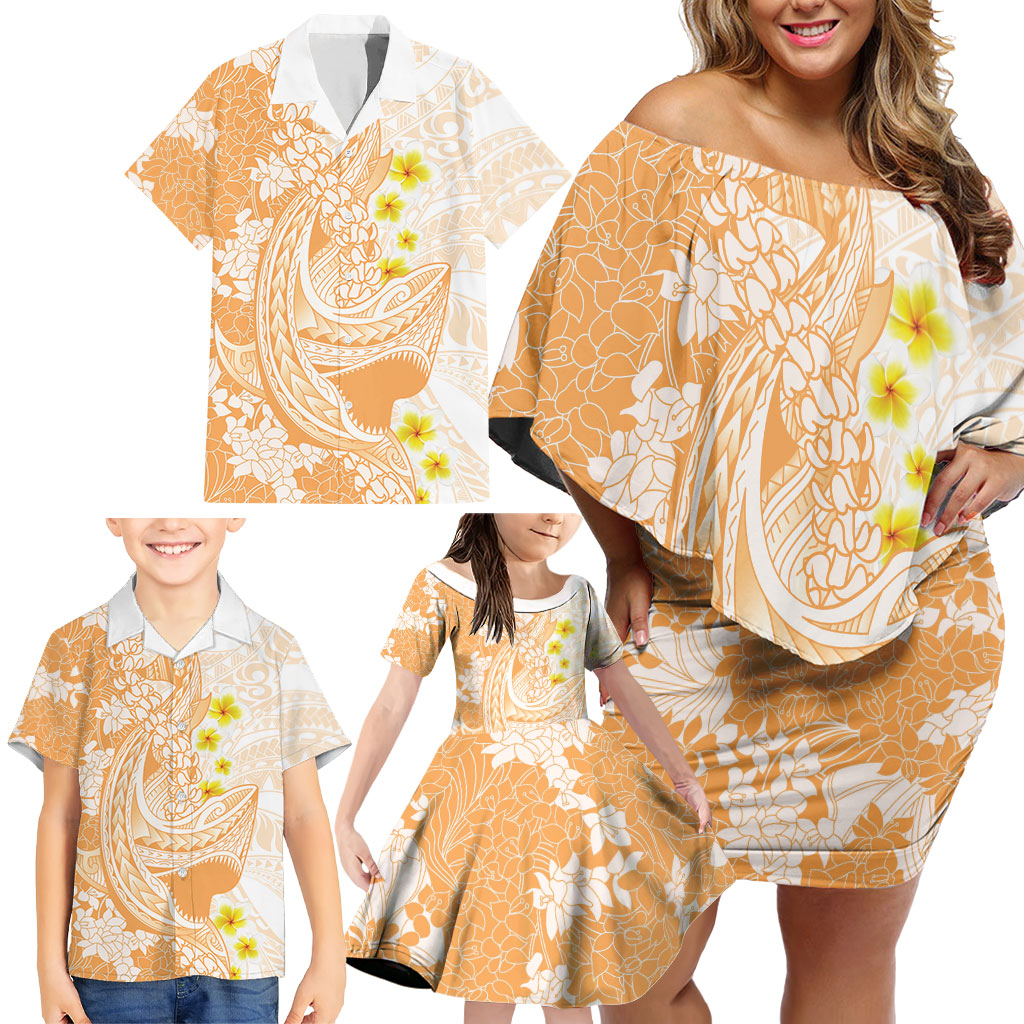 Orange Hawaii Shark Tattoo Family Matching Off Shoulder Short Dress and Hawaiian Shirt Puakenikeni Lei Plumeria Polynesian Pattern LT14 - Polynesian Pride