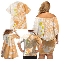 Orange Hawaii Shark Tattoo Family Matching Off Shoulder Short Dress and Hawaiian Shirt Puakenikeni Lei Plumeria Polynesian Pattern LT14 - Polynesian Pride