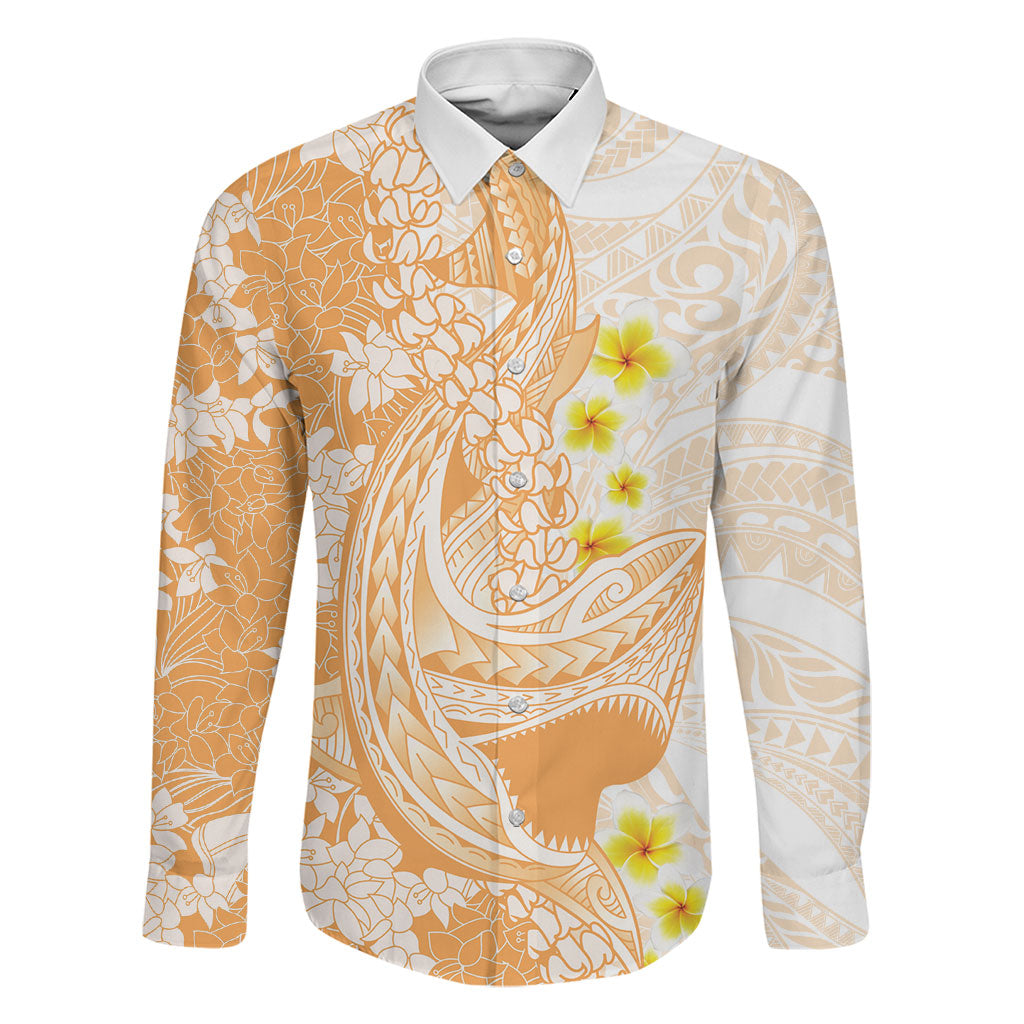 Orange Hawaii Shark Tattoo Family Matching Off Shoulder Short Dress and Hawaiian Shirt Puakenikeni Lei Plumeria Polynesian Pattern LT14 Dad's Shirt - Long Sleeve Orange - Polynesian Pride