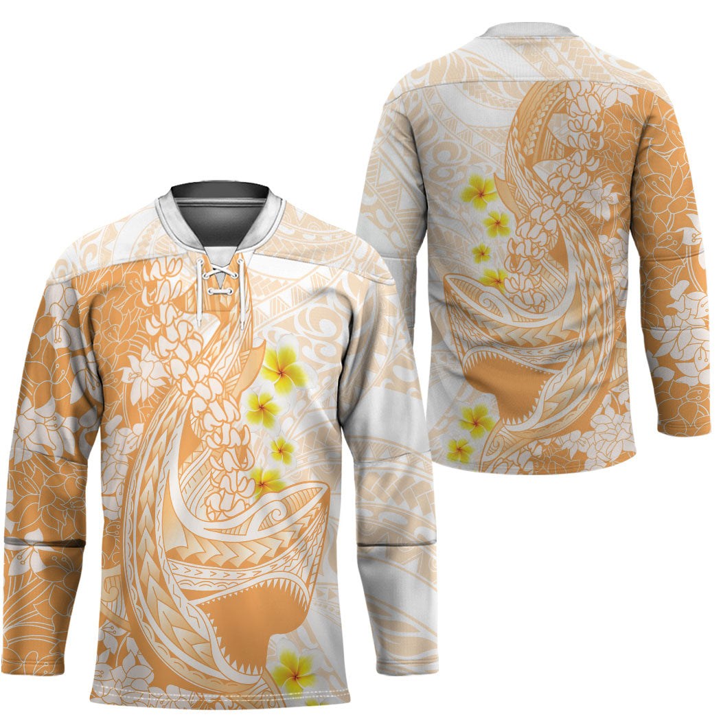 Orange Hawaii Shark Tattoo Hockey Jersey Puakenikeni Lei Plumeria Polynesian Pattern