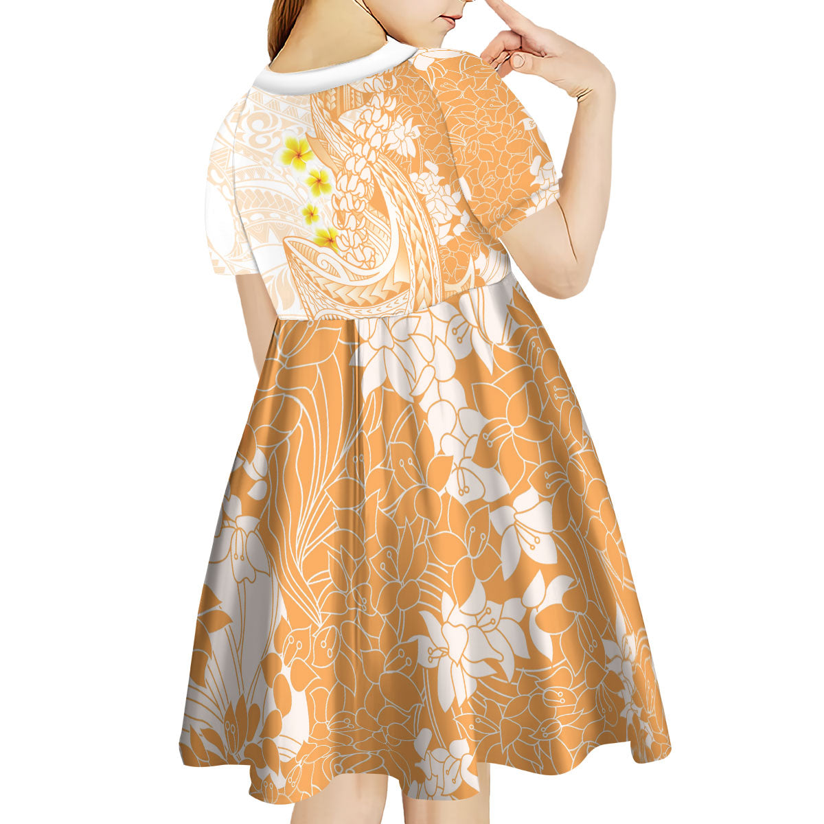 Orange Hawaii Shark Tattoo Kid Short Sleeve Dress Puakenikeni Lei Plumeria Polynesian Pattern