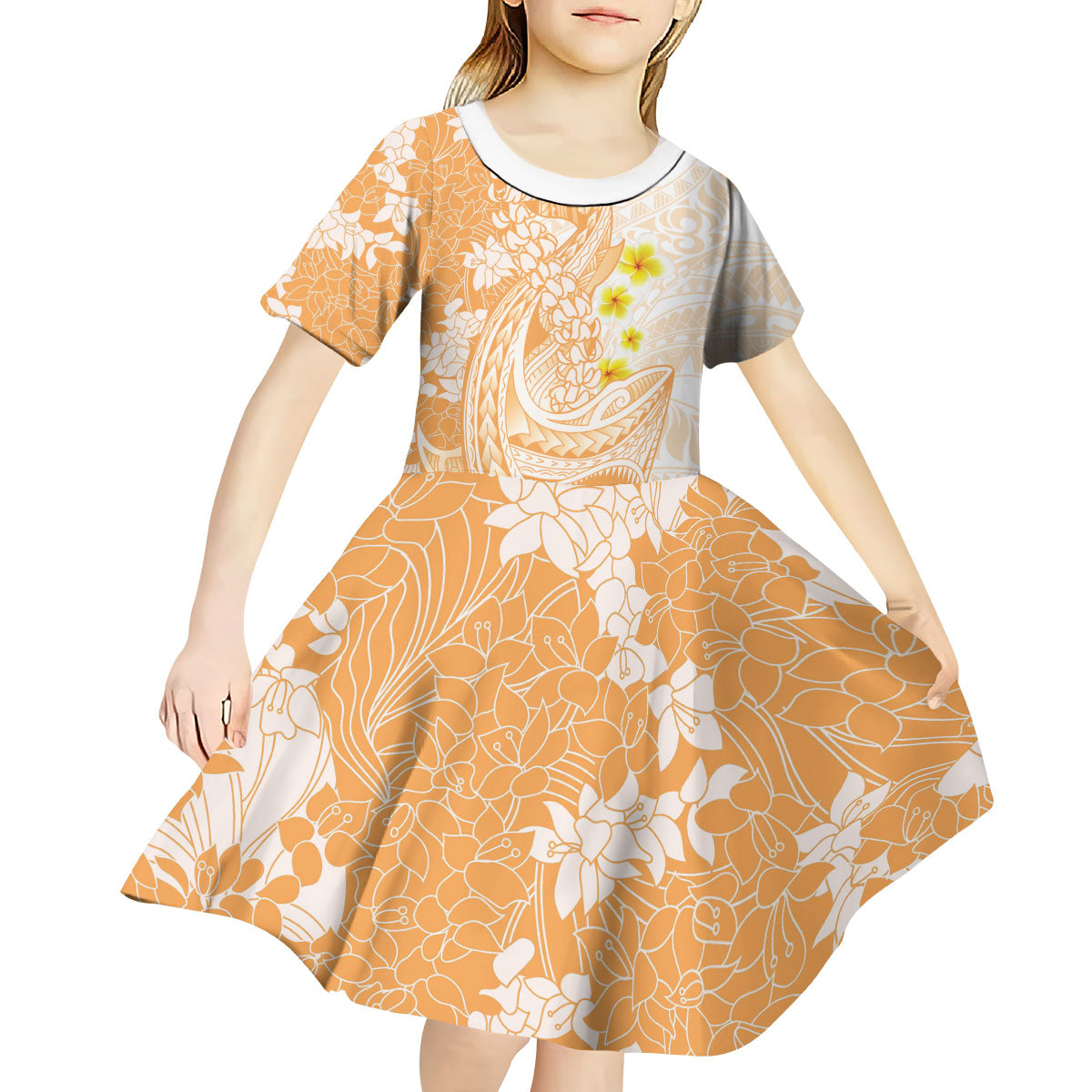 Orange Hawaii Shark Tattoo Kid Short Sleeve Dress Puakenikeni Lei Plumeria Polynesian Pattern