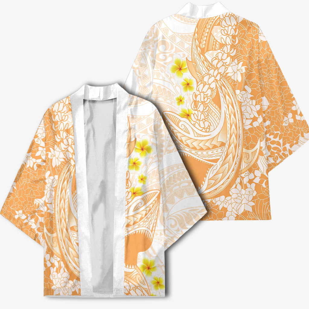 Orange Hawaii Shark Tattoo Kimono Puakenikeni Lei Plumeria Polynesian Pattern
