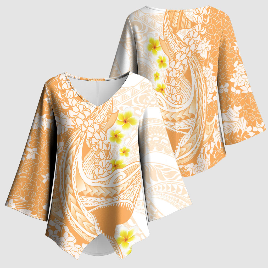 Orange Hawaii Shark Tattoo Kimono Sleeve Blouse Puakenikeni Lei Plumeria Polynesian Pattern