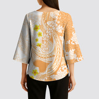 Orange Hawaii Shark Tattoo Kimono Sleeve Blouse Puakenikeni Lei Plumeria Polynesian Pattern