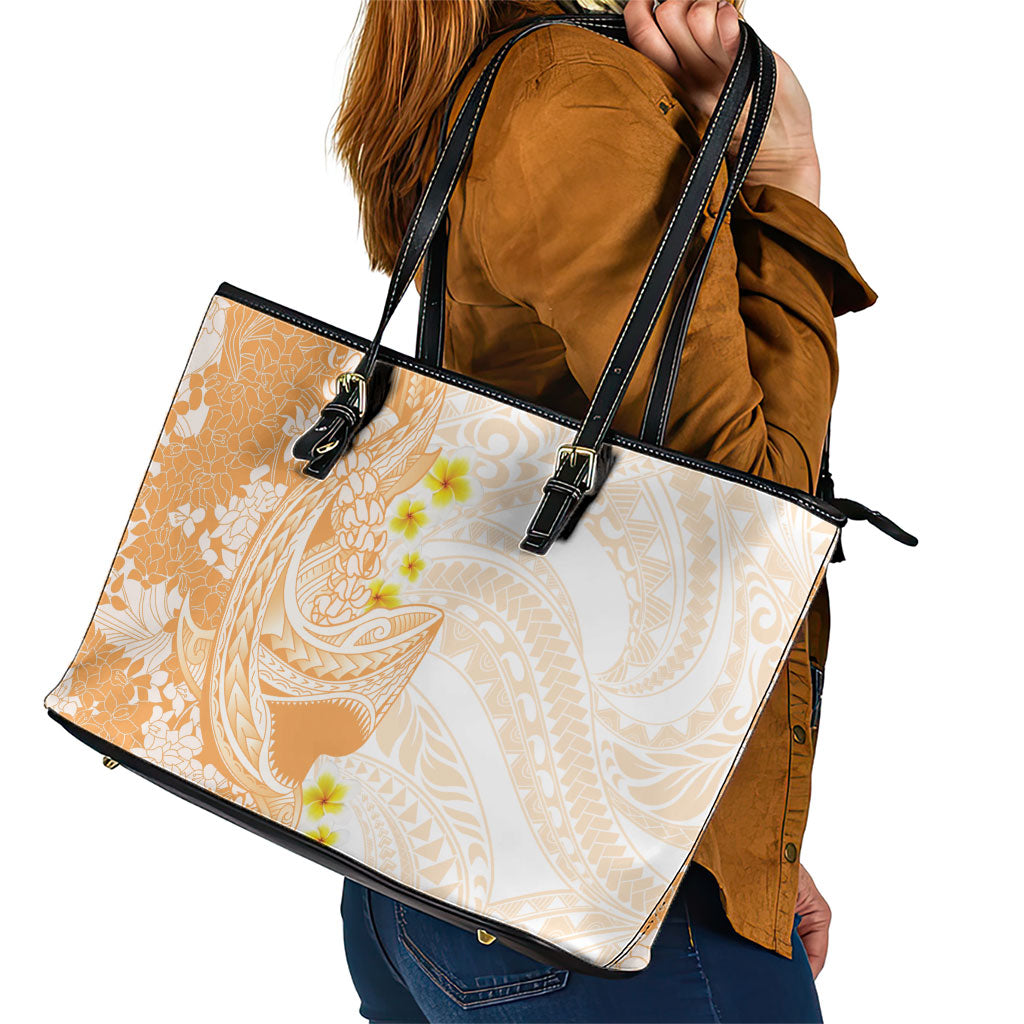Orange Hawaii Shark Tattoo Leather Tote Bag Puakenikeni Lei Plumeria Polynesian Pattern
