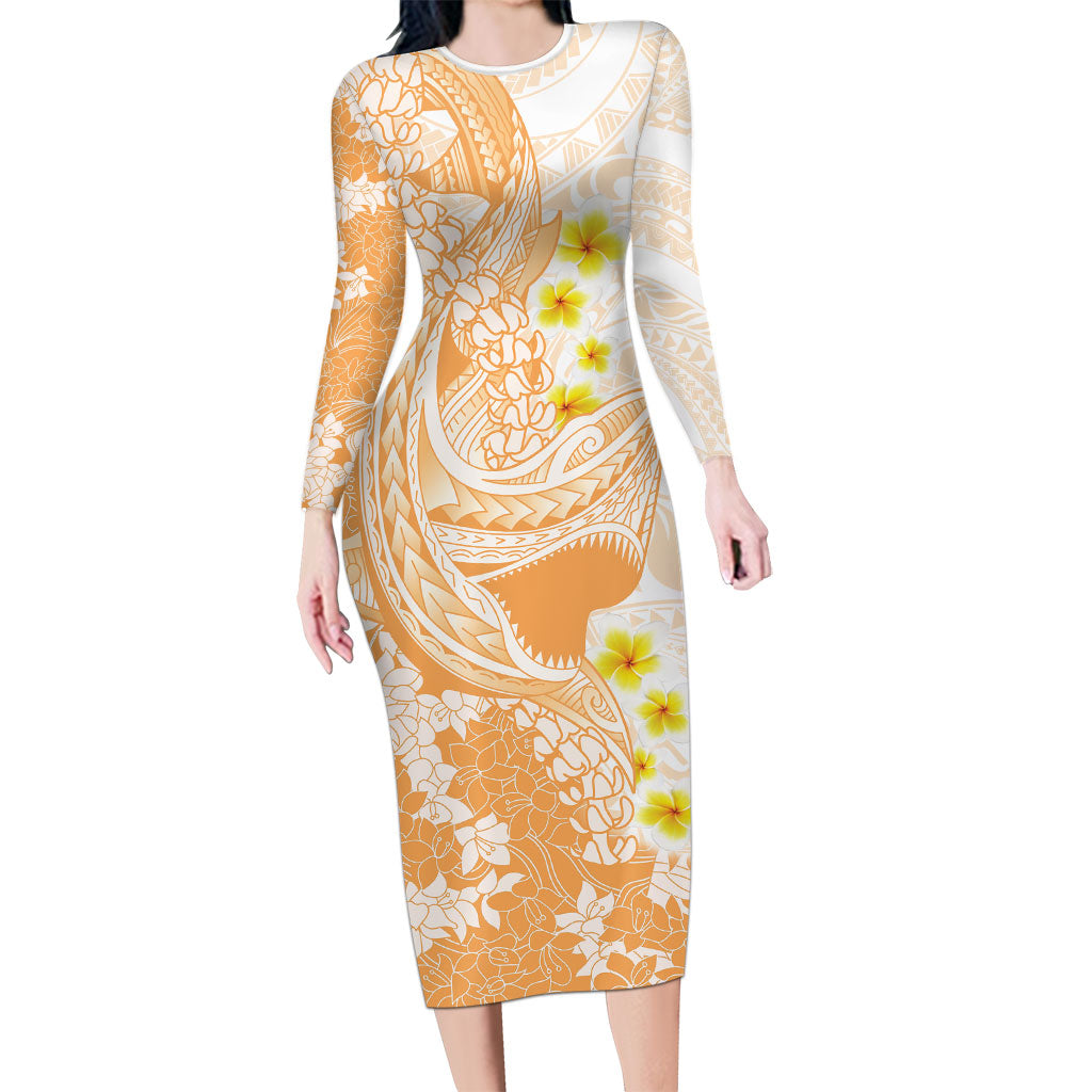Orange Hawaii Shark Tattoo Long Sleeve Bodycon Dress Puakenikeni Lei Plumeria Polynesian Pattern
