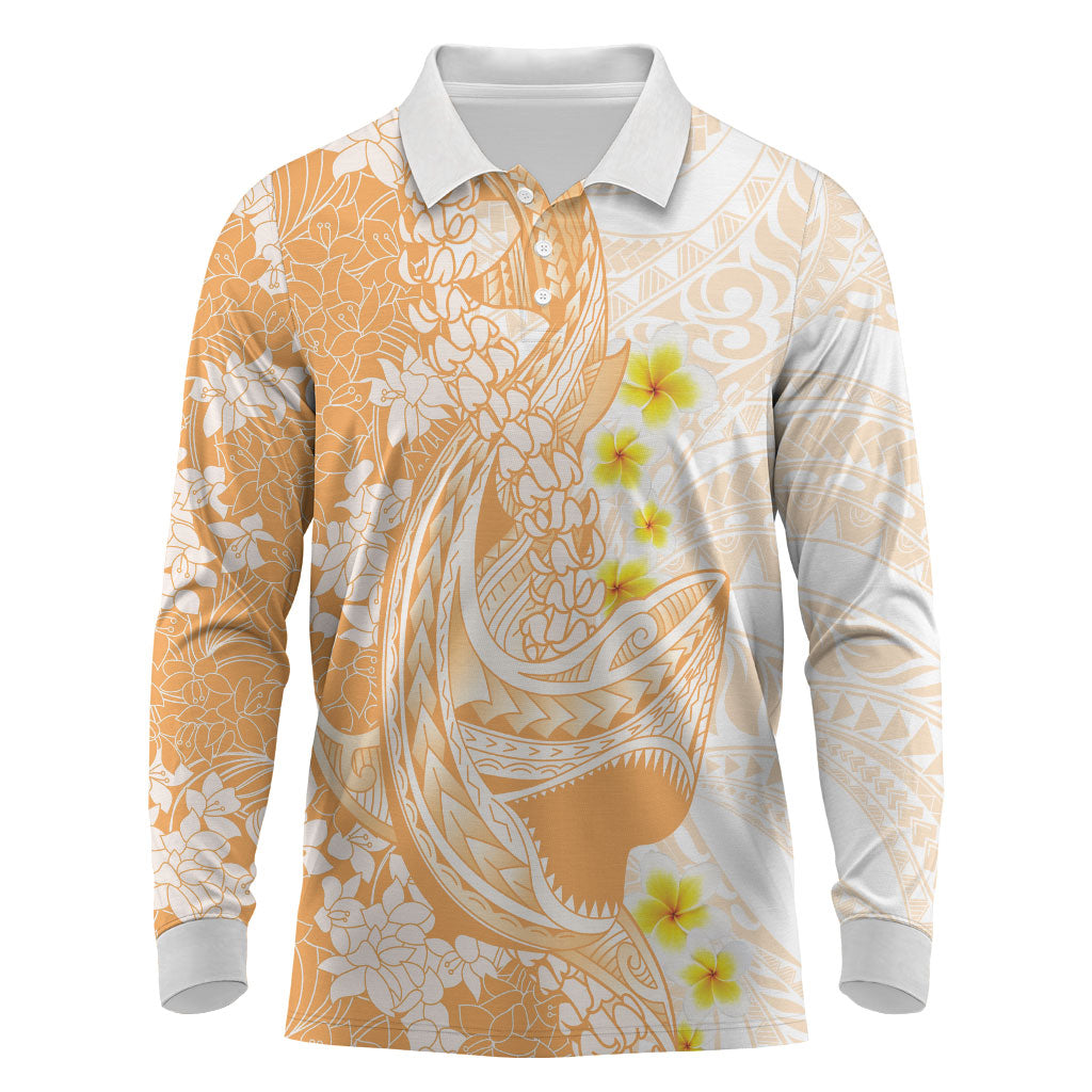 Orange Hawaii Shark Tattoo Long Sleeve Polo Shirt Puakenikeni Lei Plumeria Polynesian Pattern