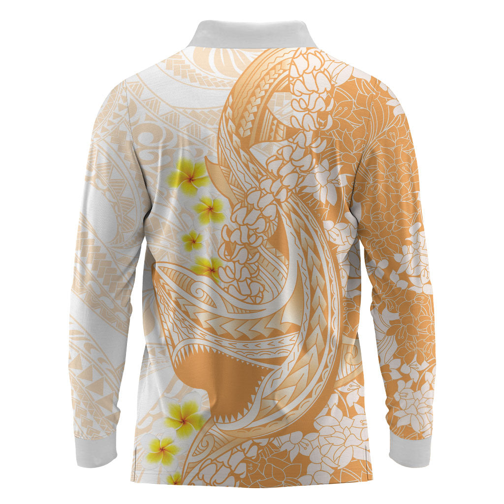 Orange Hawaii Shark Tattoo Long Sleeve Polo Shirt Puakenikeni Lei Plumeria Polynesian Pattern
