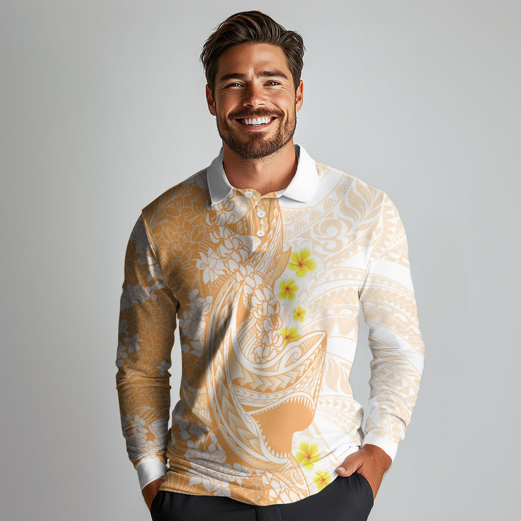 Orange Hawaii Shark Tattoo Long Sleeve Polo Shirt Puakenikeni Lei Plumeria Polynesian Pattern