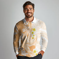 Orange Hawaii Shark Tattoo Long Sleeve Polo Shirt Puakenikeni Lei Plumeria Polynesian Pattern