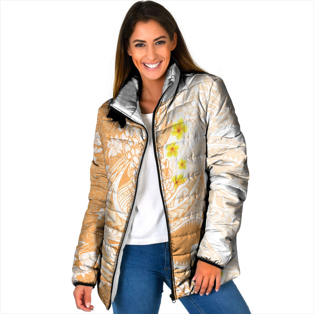 Orange Hawaii Shark Tattoo Padded Jacket Puakenikeni Lei Plumeria Polynesian Pattern