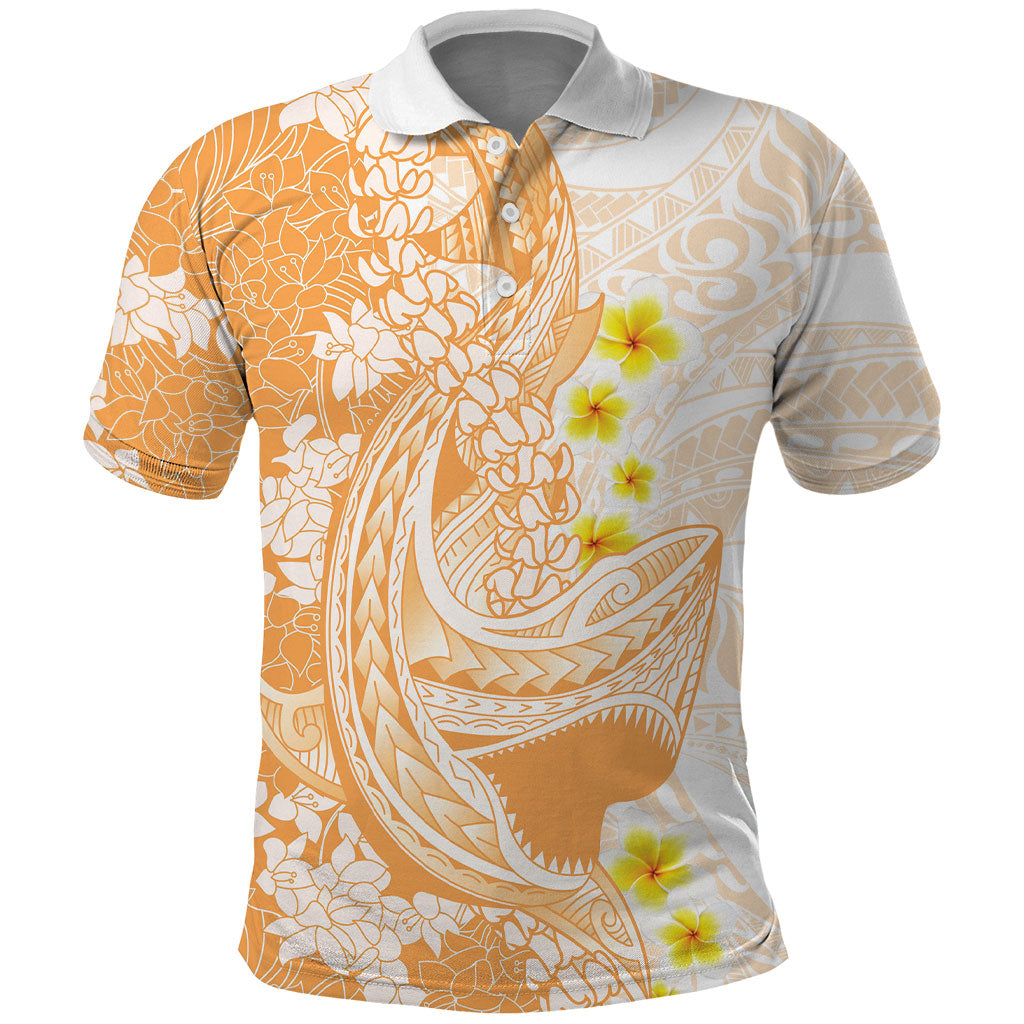 Orange Hawaii Shark Tattoo Polo Shirt Puakenikeni Lei Plumeria Polynesian Pattern