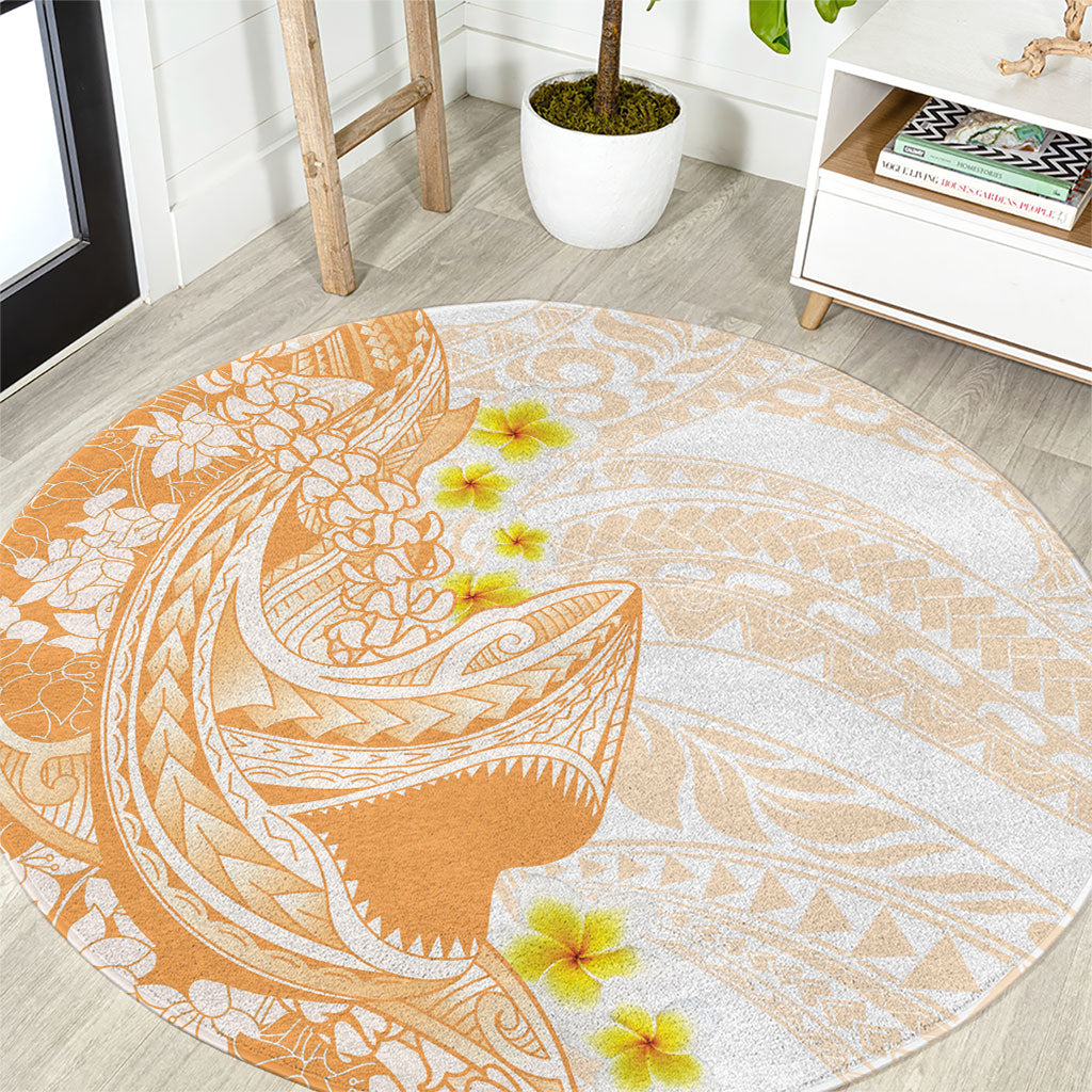Orange Hawaii Shark Tattoo Round Carpet Puakenikeni Lei Plumeria Polynesian Pattern