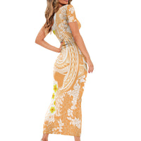 Orange Hawaii Shark Tattoo Short Sleeve Bodycon Dress Puakenikeni Lei Plumeria Polynesian Pattern