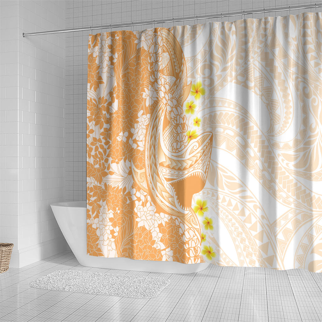 Orange Hawaii Shark Tattoo Shower Curtain Puakenikeni Lei Plumeria Polynesian Pattern