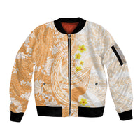 Orange Hawaii Shark Tattoo Sleeve Zip Bomber Jacket Puakenikeni Lei Plumeria Polynesian Pattern