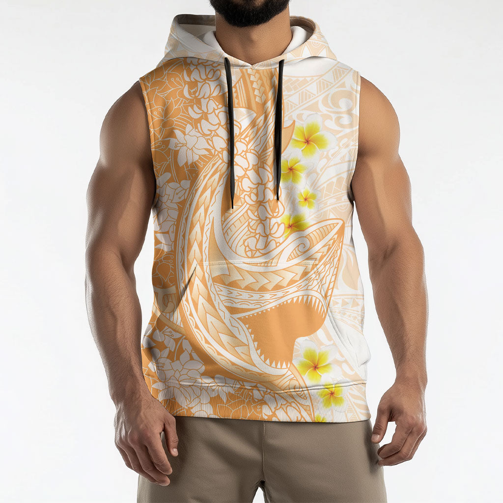 Orange Hawaii Shark Tattoo Sleeveless Hoodie Puakenikeni Lei Plumeria Polynesian Pattern
