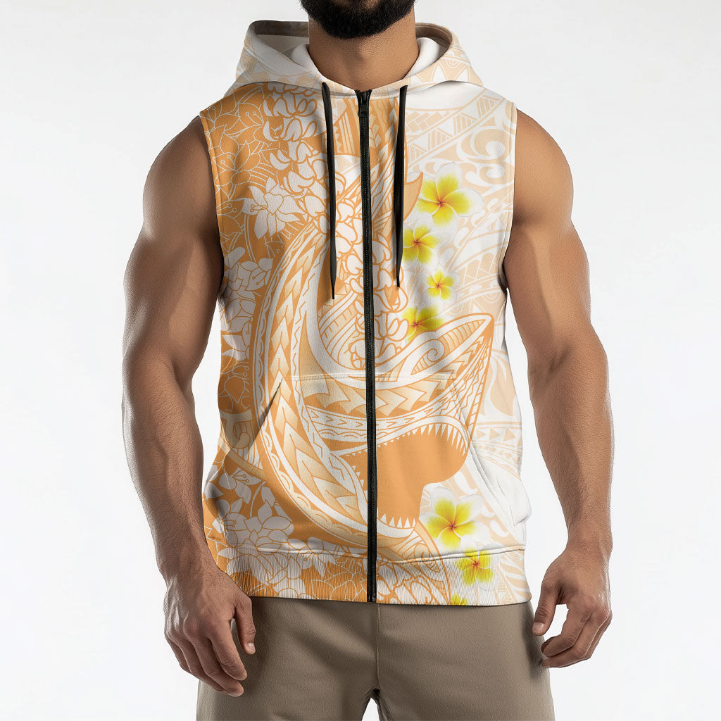 Orange Hawaii Shark Tattoo Sleeveless Zip Hoodie Puakenikeni Lei Plumeria Polynesian Pattern