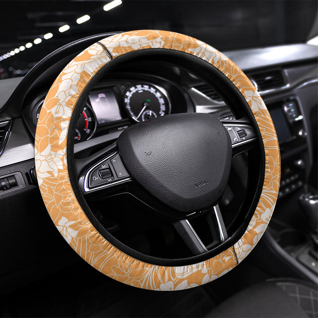 Orange Hawaii Shark Tattoo Steering Wheel Cover Puakenikeni Lei Plumeria Polynesian Pattern